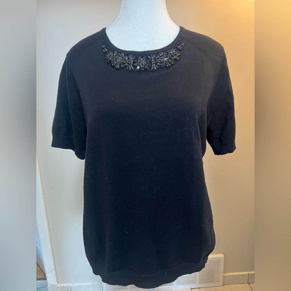 Tara Jarmon Paris Embellished Black Top ✨ Beaded Jewel Neck Luxe Blouse Size L
